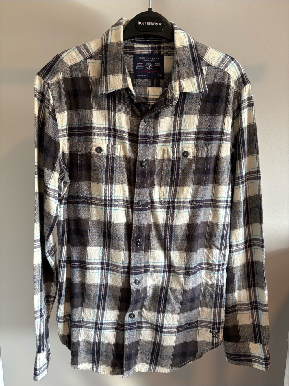 American Eagle Outfitters Plaid Button-Up in Navy, White & Light Blue